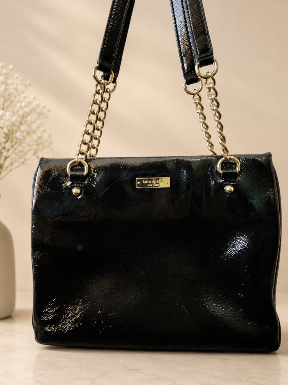 Kate Spade New York Black Patent Leather Chain Shoulder Bag Tote - Picture 3 of 14